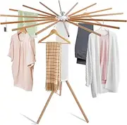 GOTOTOP Clothes Drying Rack, Cypress Wood Folding Clothes Airer Octopus Clothesline Rack Tripod Washing Line with 16 Hanging Bars for Home Indoor Outdoor 40kg Capacity