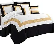 10 Piece Comforter and Sheets Set in one Bag 1xComforter 1xFitted Sheet 1xFlat Sheet 2X Pillowcases 2xPillow Sham 2xDecor Cushion 1xSquare Cushion (Queen, Gold)