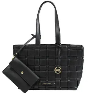 【Michael Kors】圓標LOGO吊飾編織皮革肩背子母托特包(黑)