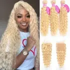 Human Hair 613 Blonde Deep Wave Bundles with Closure 12 14 16+10 Inch Curly W...