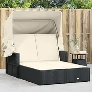 Double Sun Lounger Black Poly Rattan with Adjustable Backrest, Cream Cushions, Canopy & Washable Cover - Outdoor Patio Lounge Chair Ideal for Beach, Lawn or Camping