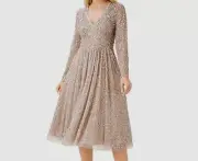 $495 Aidan by Aidan Mattox Women's Champagne Long Sleeve V Neck Beaded Dress 0