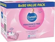 Curash Fragrance Free Baby Wipes, 8 x 80 Pack - For Sensitive Skin, Suitable for Newborns, Thick And Soft Texture, No Soap, Alcohol Or Parabens - Everyday Cleansing And Nappy Changes - 640 Wipes