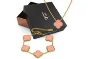 Boxed Pink Clover Necklace and Bracelet Set