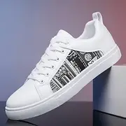 Men's White Casual Graphic Sneakers - Stylish Lace-Up Low-Top Shoes with Black and White Print for Streetwear and Everyday Wear