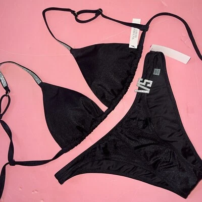 Victoria's Secret M Triangle BIKINI S,M bottom BLACK Silver SHINE STRAP brooch