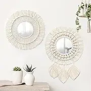 Betylifoy Pack of 2 Macrame Wall Hanging Decorative Mirror with Woven Fringes Ivory White Boho Round Wall Mirror for Bedroom Living Room Children's Room Home Decor