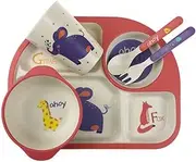 LEOVERA Bamboo Dinner Set 5 Pieces Kids Dinner Set Cutlery Plate Bowl Cup Fork Spoon LVCJ002-Animal World