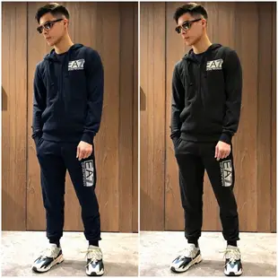 美國百分百【全新真品】Emporio Armani EA7 套裝 連帽外套 logo 夾克 棉褲 男 深藍/黑 K140