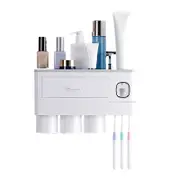Wall Mounted Toothbrush Holder Multi Function Magnetic Absorption Bathroom Storage Rack with Drawer Toothpaste Dispenser 3 Cup Gray (31.4x11.3x20cm/12.4x4.4x7.9in)