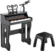 [Honey Joy] 37-Key Piano Keyboard Toy, Electronic Musical Instrument w/ Adjustable Microphone, Detachable Music Stand & Matching Stool, Educational Gift for Toddlers Aged 3+ Years Old (Black)
