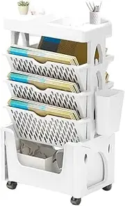 Moveable Bookshelf on Wheels, 5-Tier Mobile Book Shelf Space-Saving Rolling Cart Storage, Utility Organizer for Living Room Home Classroom School (White)