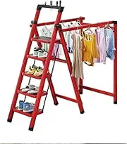 Foldable Drying Racks Garment Racks Free Standing Clothes Rack with Ladder Stretchable Metal Clothing Rack with Double Rod and Tool Tray for Dorm Bedroom Home Balcony(Red,H150cm)