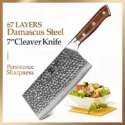 Full Tang Cleaver Knife Hammered Damascus Steel Wood Handle Chef Butcher Slicing