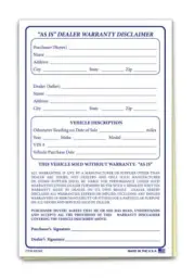 As Is Dealer Warranty Disclaimer Forms - 5.5"×8.5" 2-Part Carbonless Edge-Glued