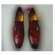 Handmade Men's Double Monk Strap Burgundy Pure Leather Stylish Shoes, Sale !!!