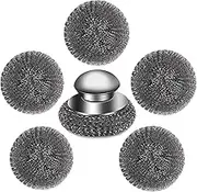 6Pcs Steel Wool Scrubber with Replacement Wire Pads Set, Stainless Steel Scrubber with Handle for Scouring Stubborn Messes from Cast Iron, Pots, Pans, Grill, Stoves, Sink(1 Scrubber+5 Pads)