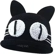 [Alqpopg] Womens Anime Beanie Hat Winter Warm Cap Cute Cat Crochet Caps Cat Ears Knitted Hats Girl Big Eyes Outdoor Ski Hat Black, Blcak, 1-2