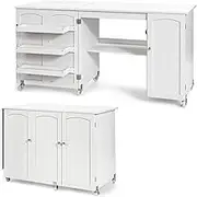 Giantex 158 x 50 cm (L x W) Large Foldable Sewing Table, Rolling Drop Leaf Craft Table with Lockable Casters, Multipurpose Sewing Machine Desk with Storage Shelves, Bins & Single Door Cabinet, White