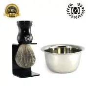 MEN'S WET SHAVING SET 3 PC PURE BADGER HAIR SHAVE BRUSH, SHAVING CUP + DIP STAND