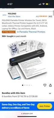 Portable Thermal Inkless Printer Wireless, Bluetooth, For 8.5"x11" Letter