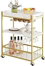 Maxkon Bar Cart Gold Home Mobile Bar Serving Cart 3 Tier Drink Cart Rolling Cart Metal Serving Trolley with Wine Rack and Glass Holder with Wheels