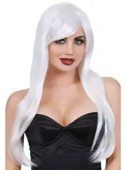 Long White Layered Womens Costume Wig with Side Fringe