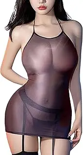 [HTRUIYA] Sexy Bodystocking Lingerie For Women Sheer One Piece Bodysuit Dress Backless Strappy Adjustable Nightdress, Black, One Size