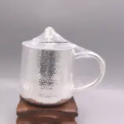 Pure S999 Fine Silver Tea Cup With Lid Shiny Handmade Hammer Coffee Cup 4.7inH