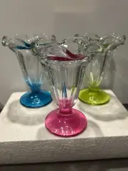 Vintage Libby Colorful Pedestal Ice Cream Sundae Glasses Set Of 3