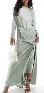 ASOS Design Satin Overlayer Maxi Dress Sage Color Size 2
