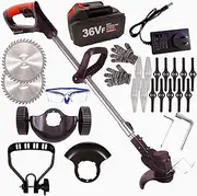 3500W Electric Weed Eater 3in1 Cordless Grass Trimmer 36V Grass Lawn Brush Cutter 10000rpm Whipper Snipper with Wheels 3 Types Blades Battery Gloves Goggles for Garden and Yard (Black)