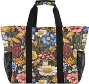 [sanluoli] Beach Tote Foldable Beach Totes Bags With Compartments with Handles Carry Tote, Beauty Meadow Mushroom Wildflower, 1 size