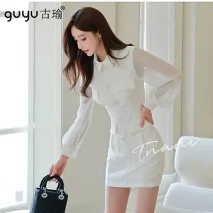 優雅性感秋季白色韓洋 S-XL 小翻領長袖短版緊身洋裝 約會小洋裝