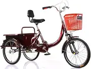 DEFGHIJ 20 Inch Comfort Bicycles Adult Tricycle with Seat Backrest and Rear Basket 3 Wheel Bicycle for Seniors Load 200KG(Red)