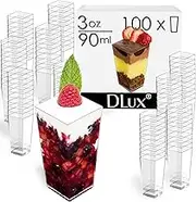 DLux Mini Dessert Cups (90 ml x 100 Pcs) Clear Plastic Parfait Appetizer Cups, Square Tall 3 oz Small Reusable Bowl for Party Desserts Appetizers - with Recipe Ebook