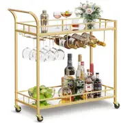 Gold Bar Cart with Mirrored Shelves and Wine Holders for Kitchen and Dining Room