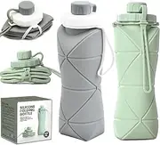 (2 Pack) RUNGOS Collapsible Water Bottle for Travel [Double Leak-proof Design] [Cap with Safety Rope] BPA Free Silicone Foldable Water Bottle for Outdoor Hiking Sports Lightweight, Couple (Gray+Green)