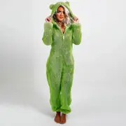 Womens Jumpsuits Women Long Sleeve Hooded Jumpsuit Pajamas Casual Winter Warm Rompe Sleepwear Green L