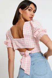 Check Crop Top Short Sleeve Square Neck - Size 14, Women's Crop Top