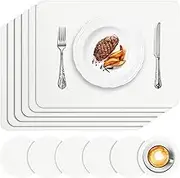 APLKER Placemats and Coasters Set of 6, Heat Insulation PU Leather Table Mats Non-Slip Washable Waterproof Kitchen Dining Place Mats for Home Restaurant Hotel - White
