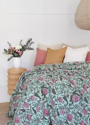 Kantha Quilt Indian Quilt Block Print Quilt Bedspread Bohemian Boho Cotton Throw Quilt Handmade Blanket Doona King Size 069