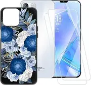 Blue Flowers Pattern Case Compatible with Newman i14 Pro + [2 Pack] Screen Protector Tempered Glass, Shockproof Case Cover for Newman X14 Pro (6.5 inch)