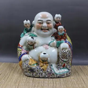 清光緒粉彩雕塑五福童子彌勒佛手工擺件收藏民間老貨瓷器古玩1入