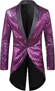 [SWJGLITTR] Mens Sequin Tailcoat Suit Jacket Slim Fit One Button Swallowtail Jacket Dinner Party Tuxedo Blazer Coat, Purple, S