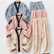Women Pajamas Set Warm Plush Fluffy Coral Fleece Top Pants Nightwear Sleepwear