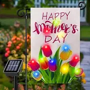 3D Lighted Mother's Day Garden Flag, Solar Powered LED Outdoor Tulips Flower Spring Holiday Yard Flag, Double Side Flag for Patio Lawn, Home Porch 12×18 Inch, Gifts for Women Mother