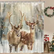 NEW /PKG rustic deer Christmas Shower Curtain Waterproof Fabric w hooks 72x72