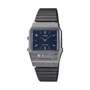 Casio Duo Retro Colour Dual Time Alarm StopwatchBlack Face Black Ip Stainless Steel Band AQ800EB-2A