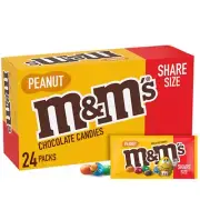 M&M's Peanut Chocolate Candy Pack of 24 Sharing Size 3.27 Ounce Pouches
